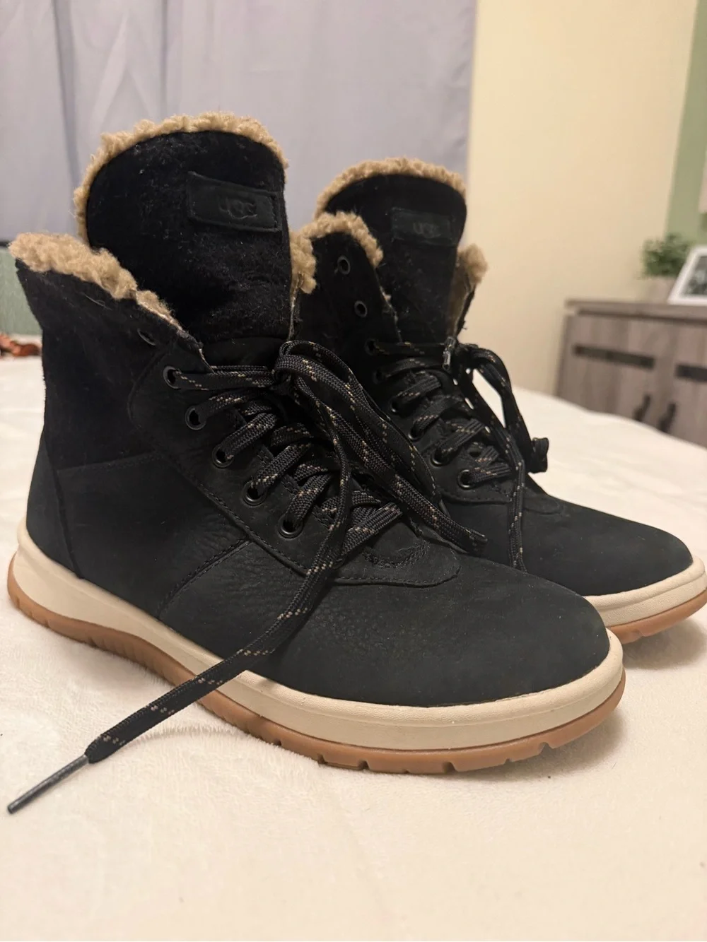 UGG Black and Tan Shearling-Lined Lace-Up Winter Boots